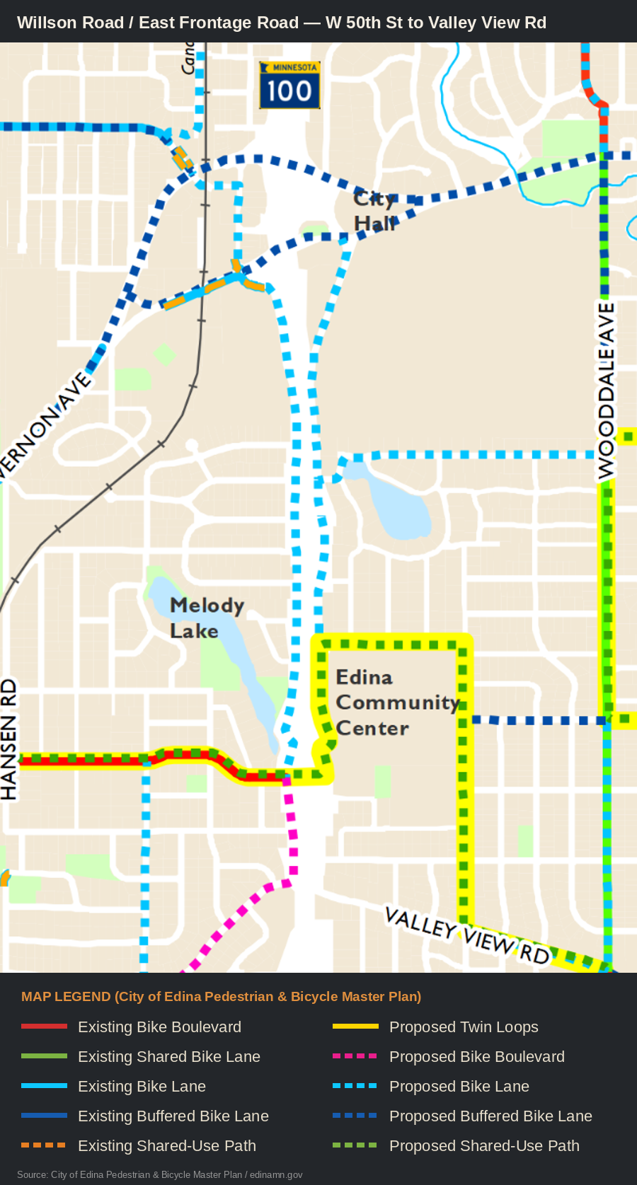Map of the Willson Road and East Frontage Road area, from the City of Edina's Pedestrian and Bicycle Master Plan